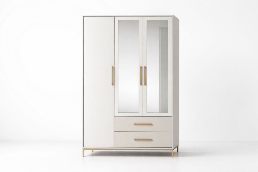Armoire à trois portes miroir avec deux tiroirs en bois MDF et acier, Blanc/Doré