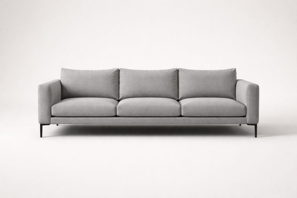 Canapé trois places en tissu gris avec pieds en acier