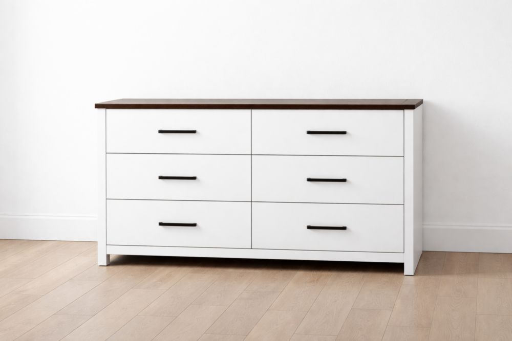 Commode 6 Tiroirs en MDF Blanc et Bois Marron
