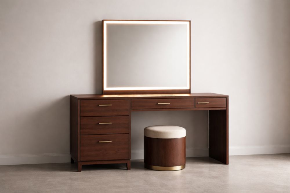 Coiffeuse en Bois avec Miroir Éclairé et Tabouret