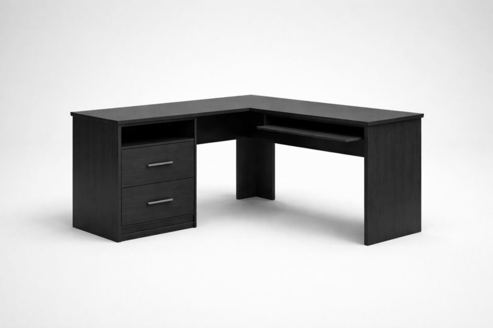 Bureau d'angle en bois avec 2 tiroirs et plateau pour clavier, L 150x120x75 cm