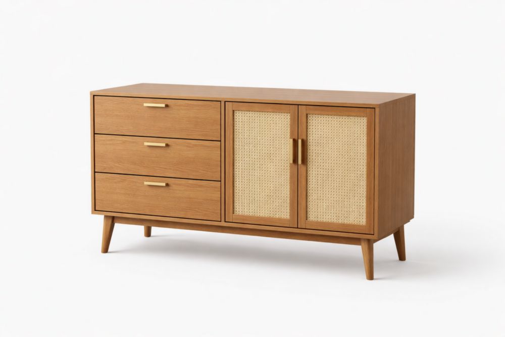 Buffet en bois avec tiroirs et portes en rotin