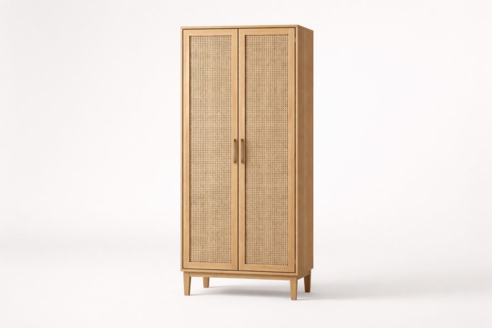 Armoire en bois massif de chêne avec portes en rotin 180cm