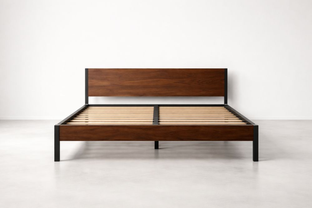 Cadre de lit en bois et acier avec tête de lit