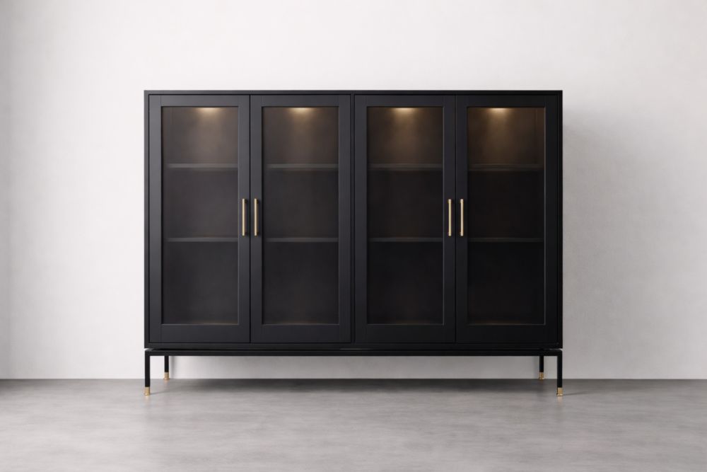 Buffet vitrine en acier noir avec portes en verre