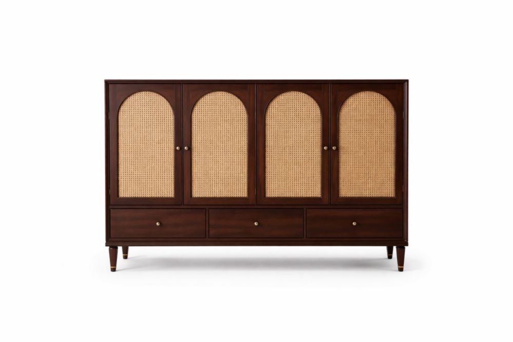 Buffet en bois et rotin avec 4 portes et 3 tiroirs