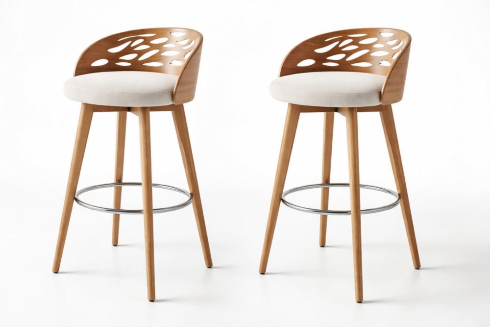 Tabouret de bar en bois avec dossier découpé et assise en tissu