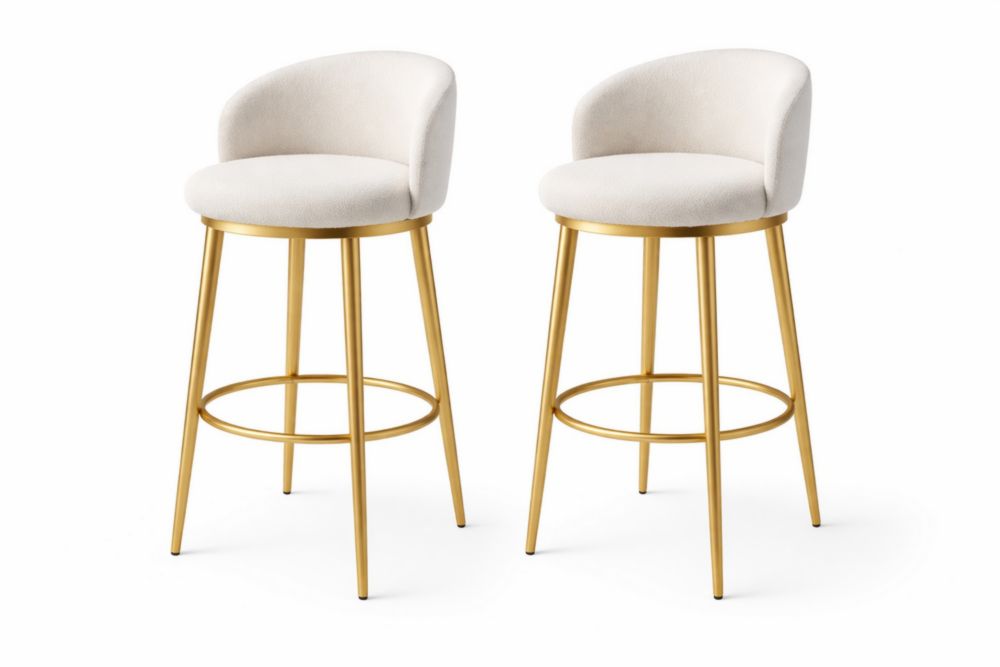 Tabourets de Bar en Acier Doré et Tissu Blanc