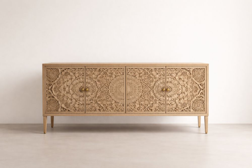 Buffet en bois sculpté avec quatre portes motifs floraux chêne clair