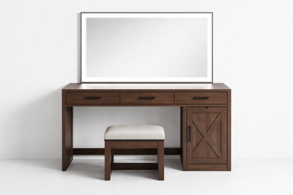 Coiffeuse en bois avec tabouret en tissu marron