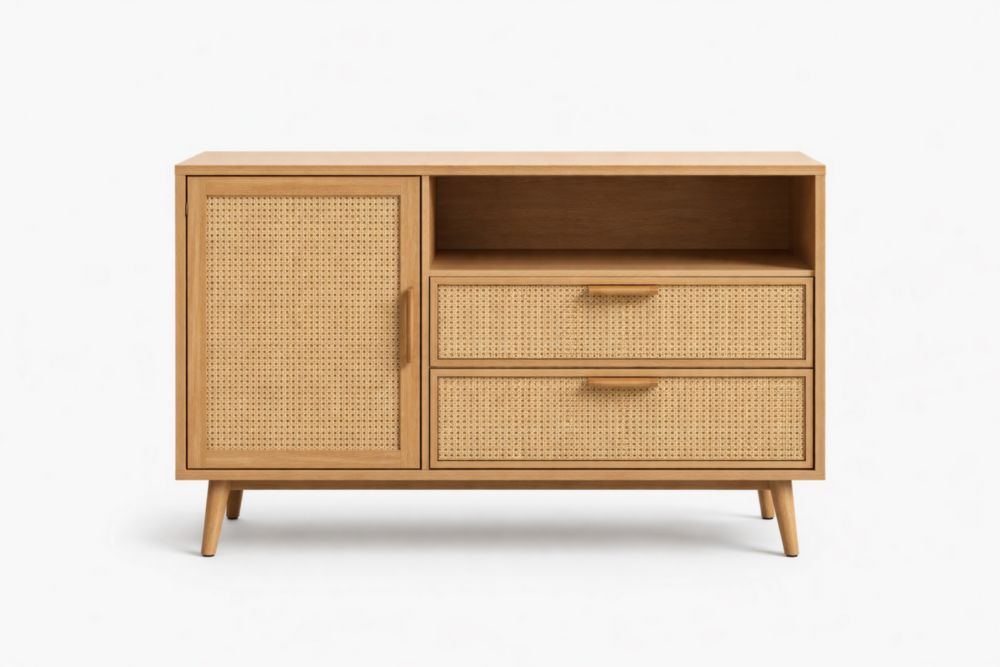 Buffet en bois et canné à deux tiroirs et une porte 120x40x75 cm