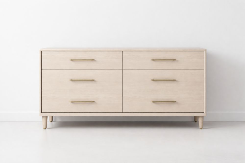 Commode en Bois de Chêne Clair avec Poignées acier 6 Tiroirs