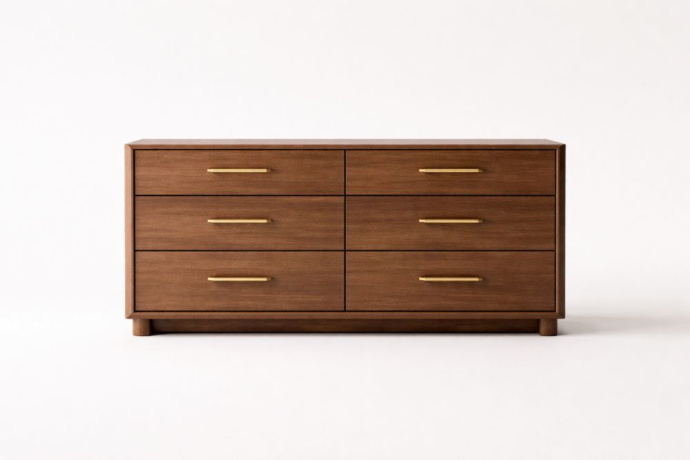 Commode en bois avec 6 tiroirs et poignées acier dorées