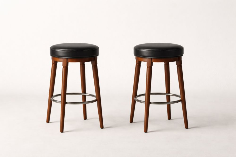 Tabourets Hauts en Bois et Similicuir Noir, Lot de 2