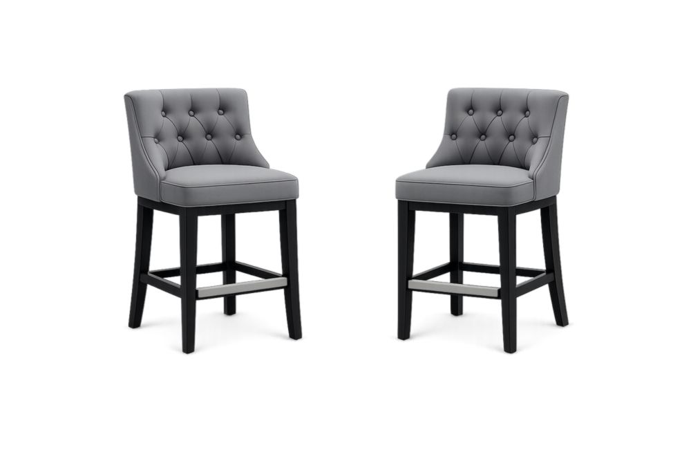 Ensemble de 2 tabourets de bar en PU Gris avec dossier boutonné et structure en bois