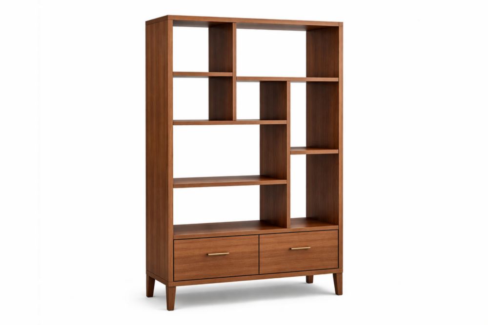 Bibliothèque en bois marron avec tiroirs et étagères