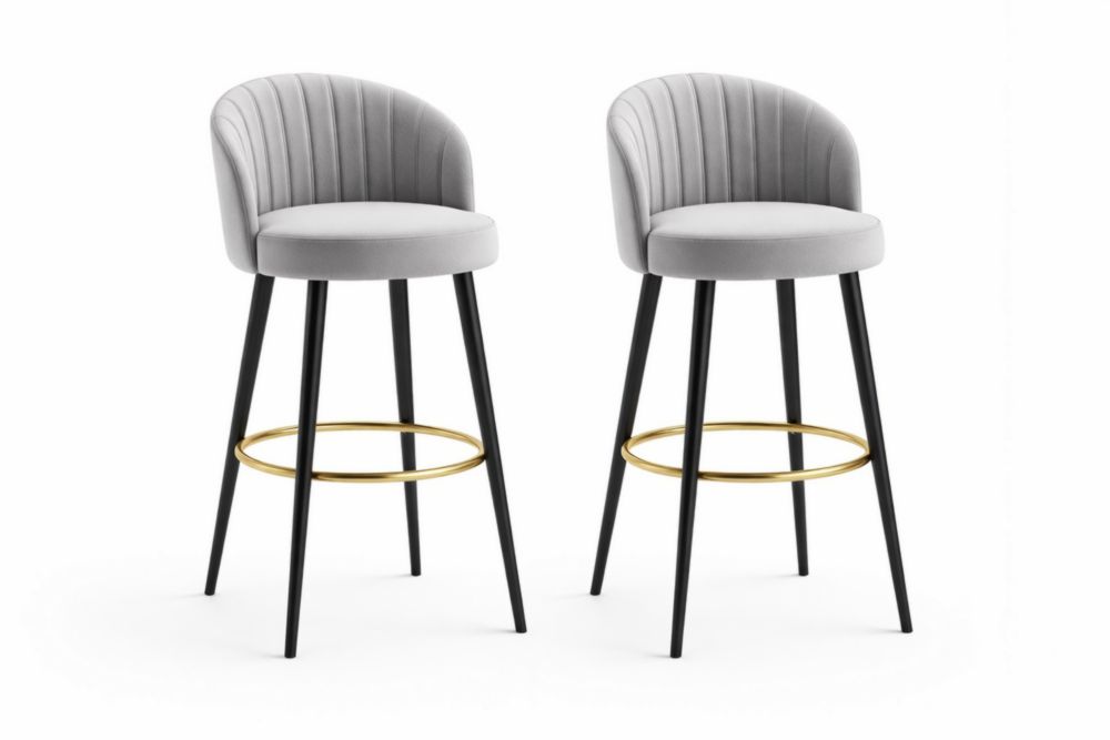 Tabourets de Bar en Velours Gris Lot de 2 avec Pieds Acier Noirs et Repose-Pieds Doré
