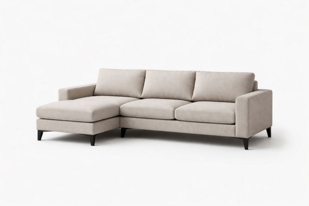 Canapé avec méridienne beige 280×160×85 cm en tissu polyester, pieds en bois massif de pin