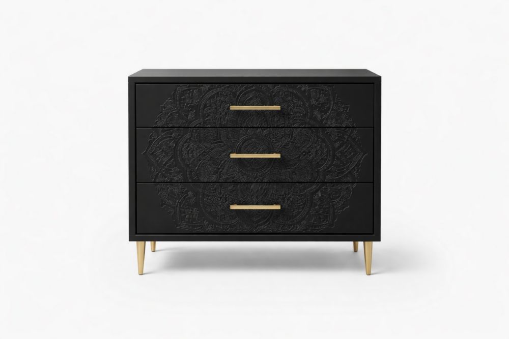 Commode en Bois Noir avec 3 Tiroirs Gravés