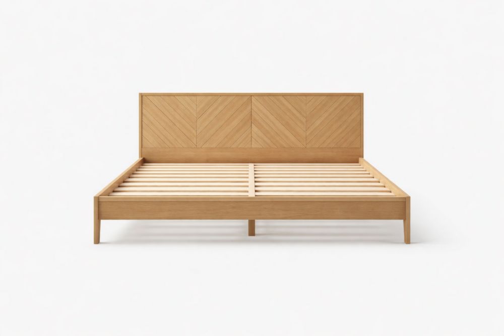 Lit double en bois de chêne motif chevron 140x200 cm