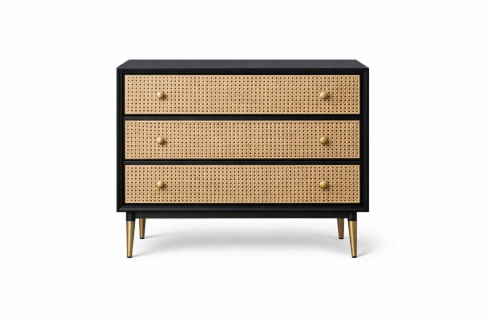 Commode en MDF et rotin avec trois tiroirs Noir et Naturel