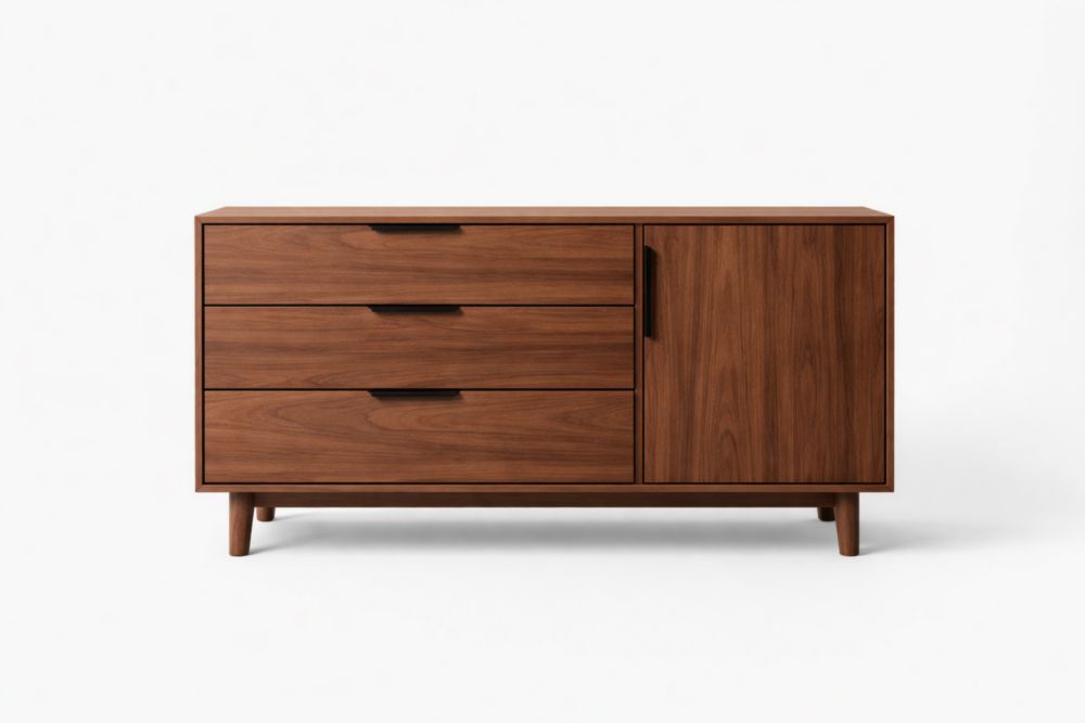 Buffet en bois massif avec 3 tiroirs et 1 porte Marron