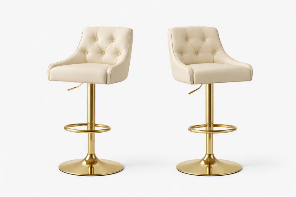 Tabouret de Bar Réglable en Hauteur avec Revêtement Similicuir Beige et Base Acier Doré, Lot de 2