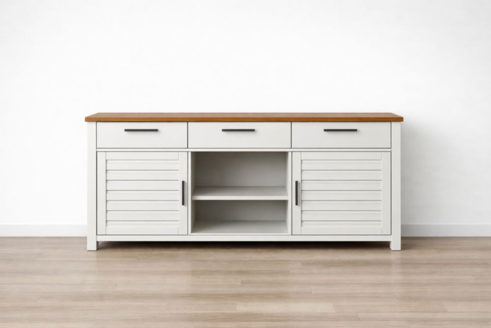Buffet de rangement blanc et chêne 183×45×85 cm en MDF avec plateau en chêne massif, 3 tiroirs et 2 étagères
