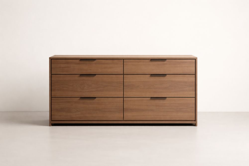 Commode en bois 6 tiroirs placage noyer