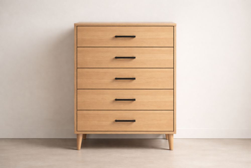 Commode 5 tiroirs en bois de chêne clair