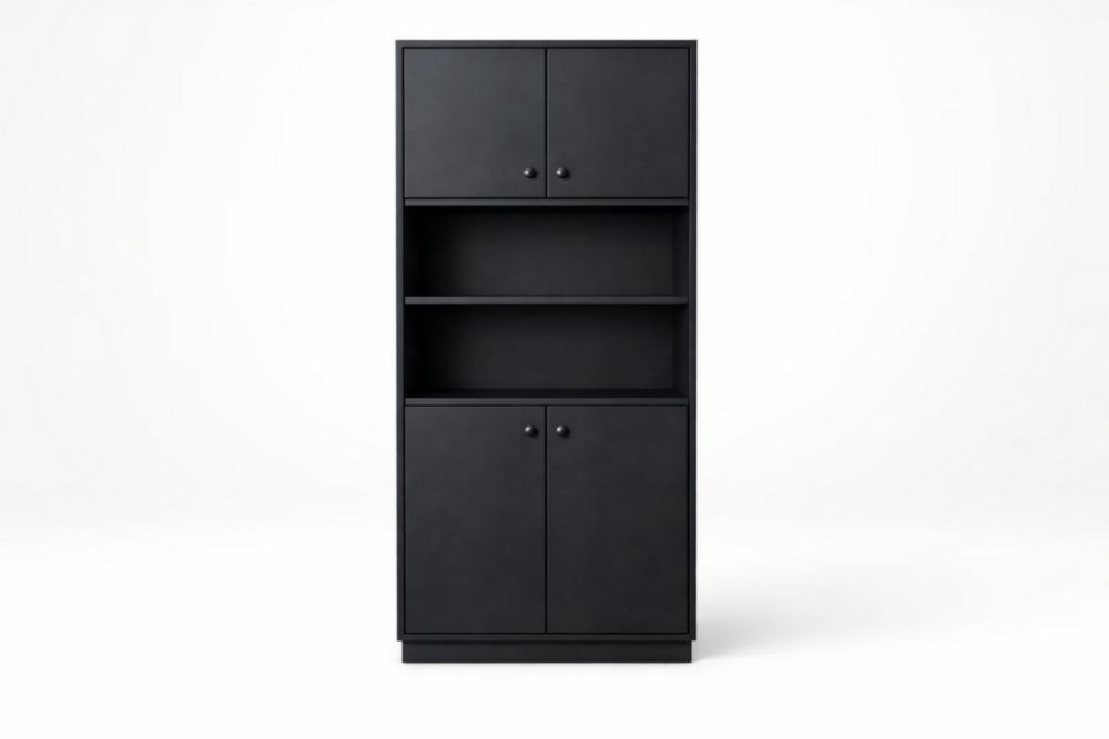 Armoire noire en panneaux de particules avec étagères et portes