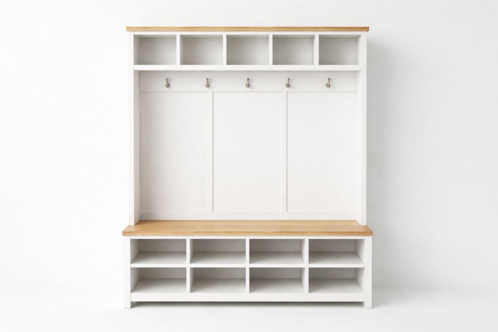 Meuble d'entrée avec banc et crochets en bois blanc/chêne 200x150x40 cm