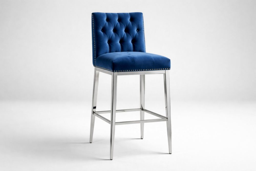 Tabouret de Bar en Velours Bleu avec Pieds en Acier Inoxydable
