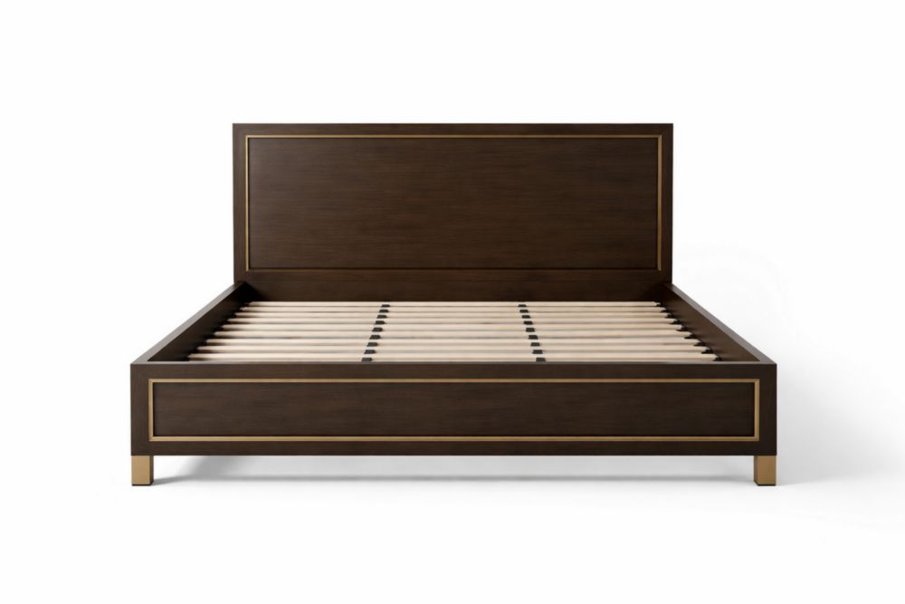 Lit double 160×200 cm en MDF avec lattes en bouleau et pieds en acier, brun foncé et doré