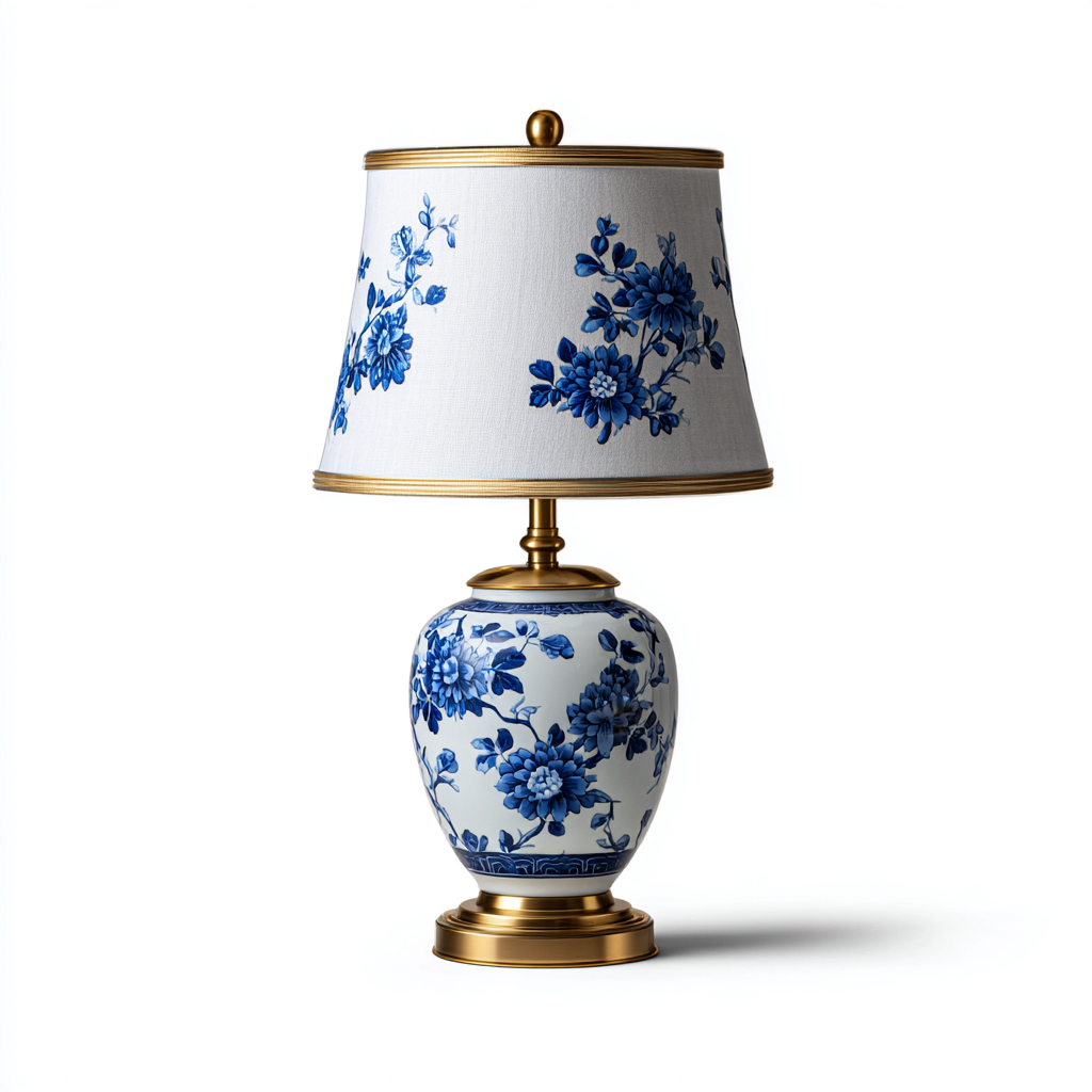 Tischlampe Keramik-und-Stoff 28x28x50 cm Weiß - Blau Für-Wohnzimmer Klassisches-Design-Roomuphub