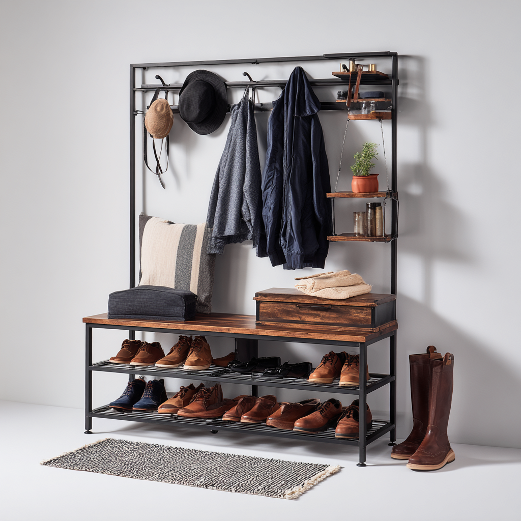 Garderobenständer - Metall - Holz - 120x40x180 cm - Schwarz - Braun - Modernes Design - Für den Flur-Roomuphub