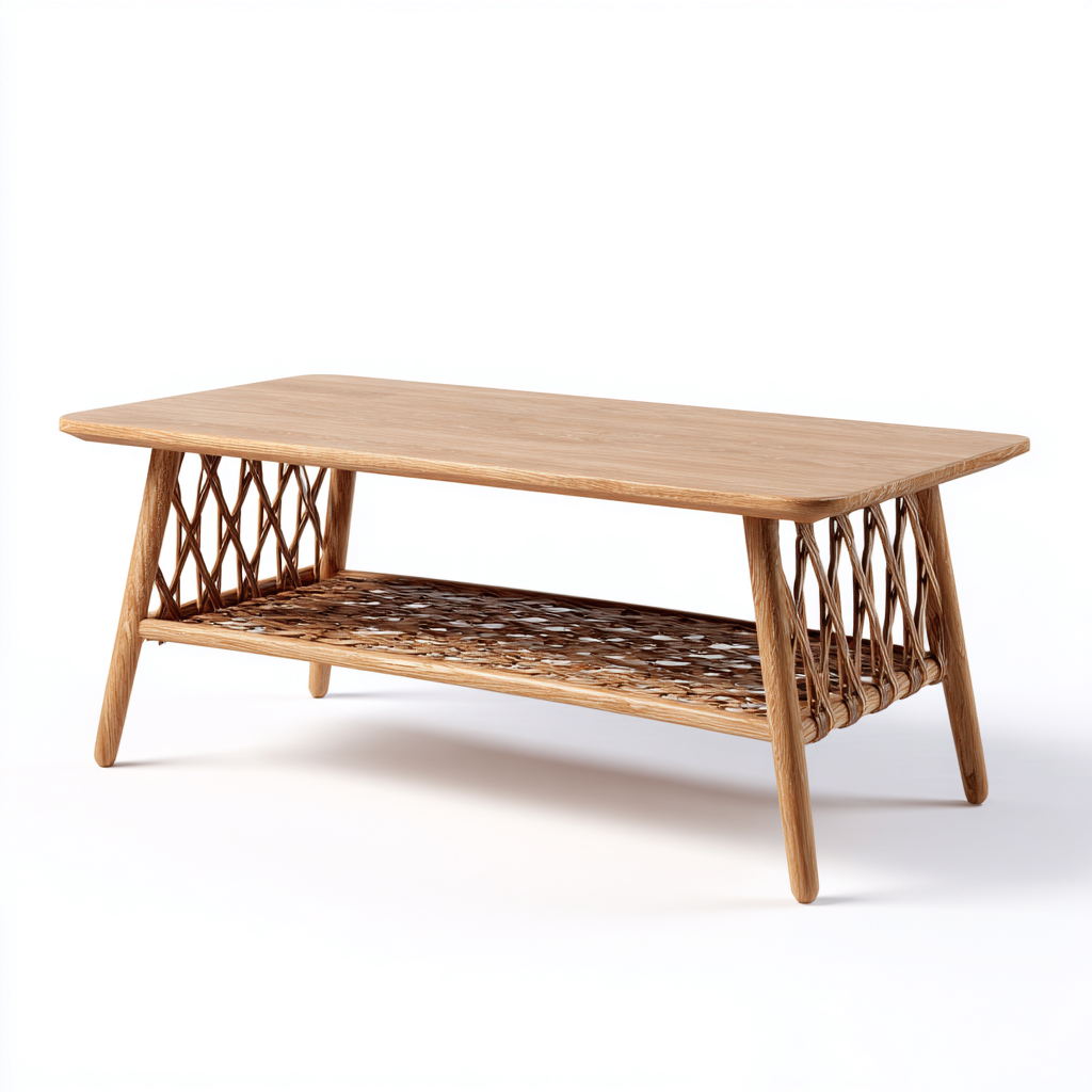 Couchtisch Holz 115x55x45 cm - natur - geflochtenes Design - für Wohnraum-Roomuphub