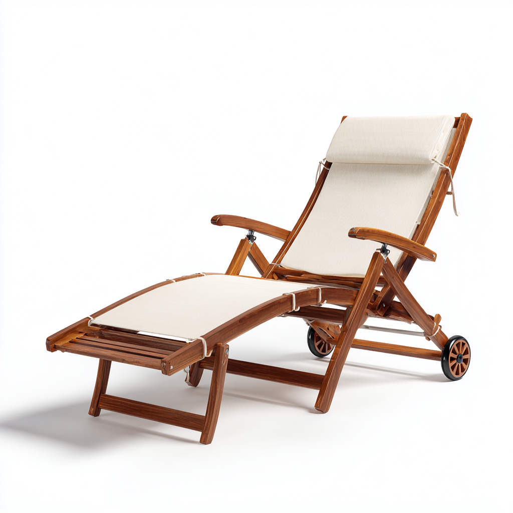 Sonnenliege - Massivholzrahmen Textilbespannung 200x65x90 cm - Creme - Hellbraun - verstellbares  mobiles Design - für den Außenbereich-Roomuphub