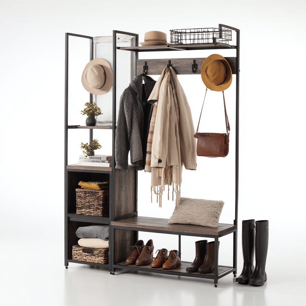 Garderobenständer Metall Holz 140x40x185 cm - schwarz - dunkelbraun - für Flur geeignet - modernes Design-Roomuphub