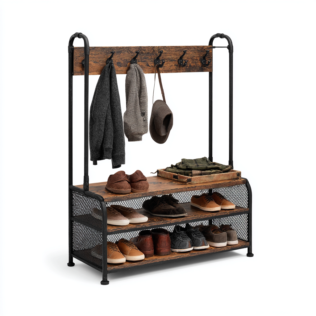 Garderobenständer Metall Holz 100x40x170 cm - schwarz - dunkelbraun - für Flur geeignet - industrielles Design-Roomuphub