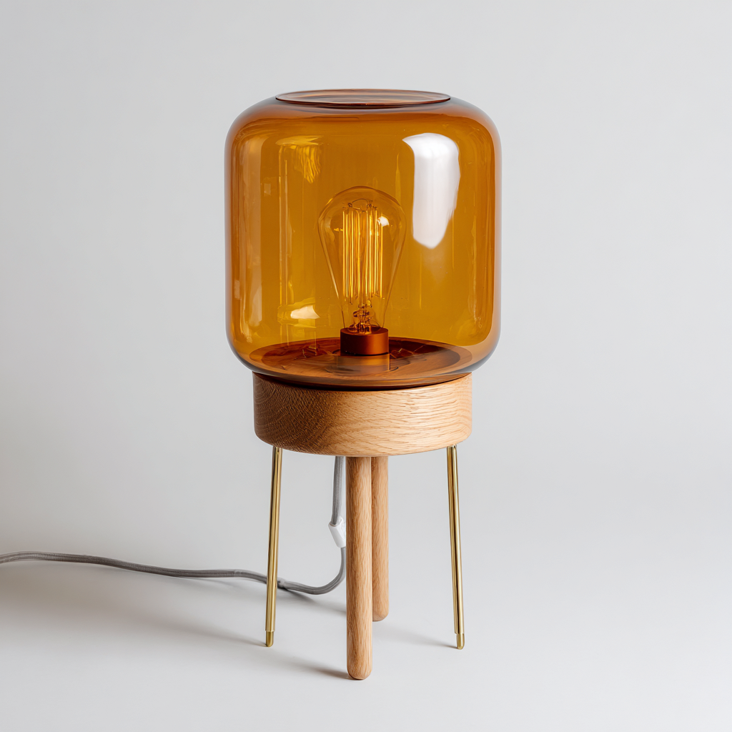 Tischlampe Glas-Holz-Metall 24x24x42 cm Bernstein - Naturholz Für-Wohnzimmer Modernes-Design-Roomuphub