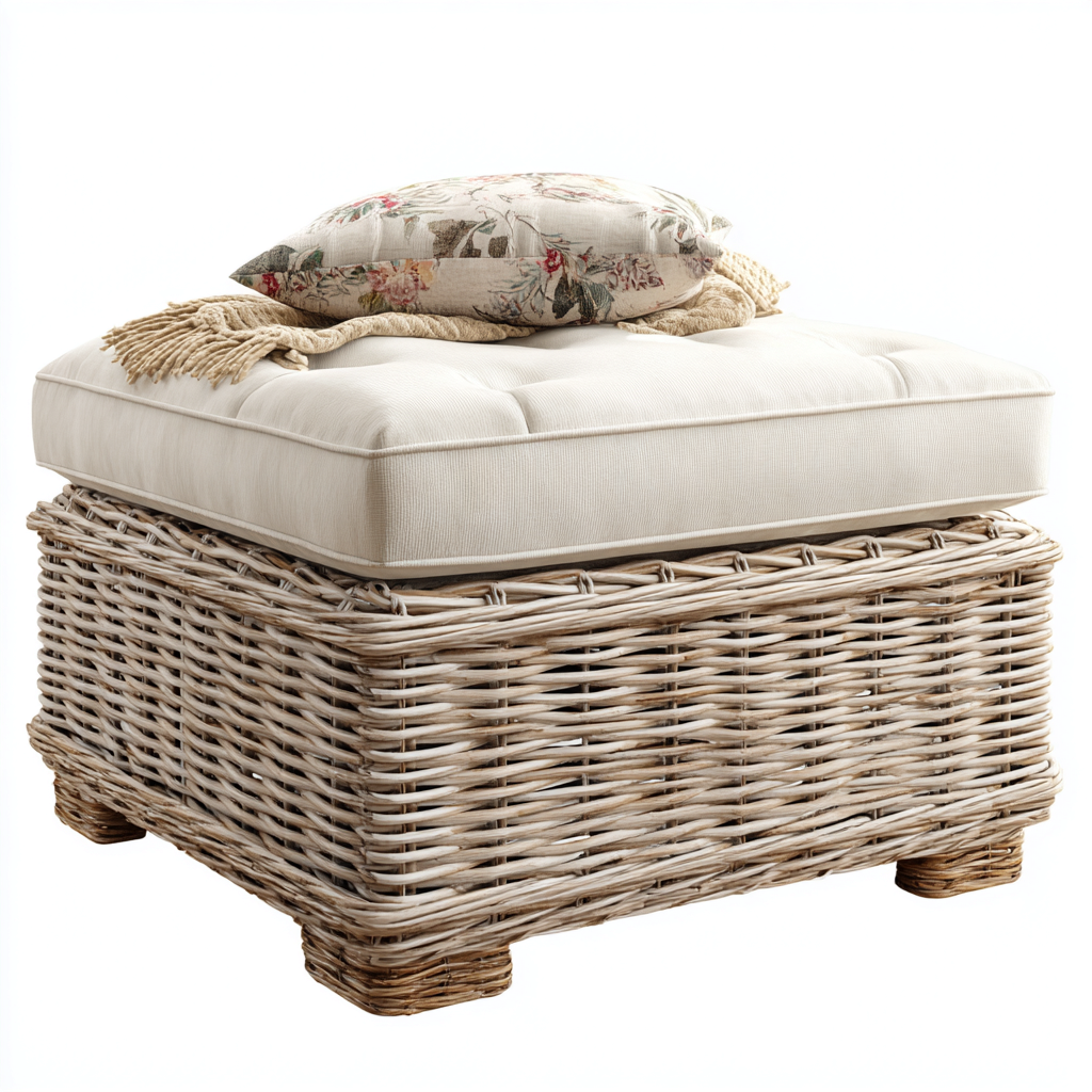 Fußhocker Rattan+Stoff 65x65x45 cm - Natur - Beige - Weiches Komfortdesign für Wohnzimmer-Roomuphub