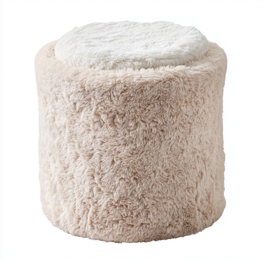 Fußhocker Langhaarplüsch 35x35x45 cm - Beige - Weiß - Zylindrisches Design für Wohnzimmer-Roomuphub
