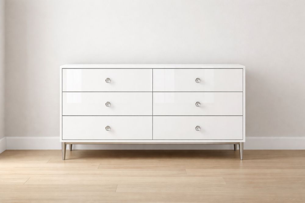 Comò a 6 Cassetti in MDF Bianco con Gambe in Metallo