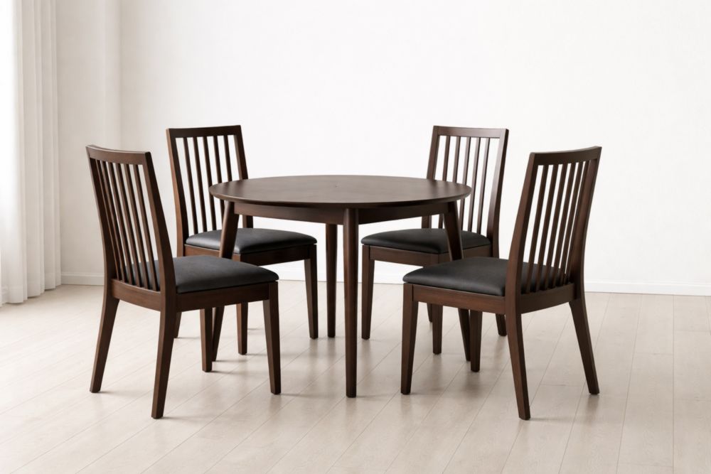 Set tavolo rotondo e 4 sedie in legno massello marrone scuro con seduta nera