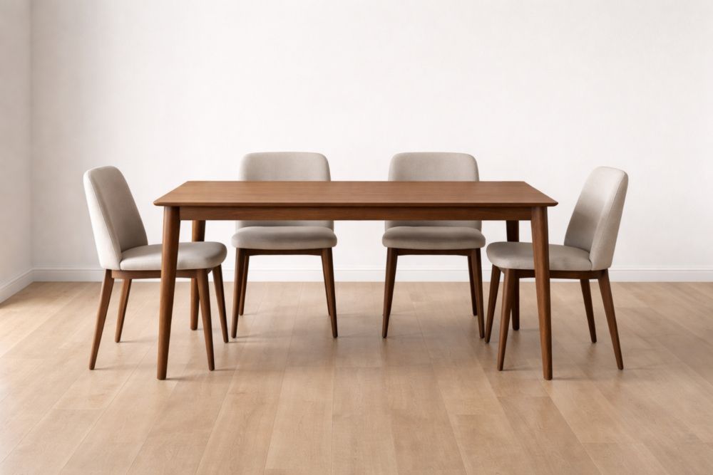 Set da Pranzo in Legno con Tavolo Rettangolare e 4 Sedie Imbottite in Beige