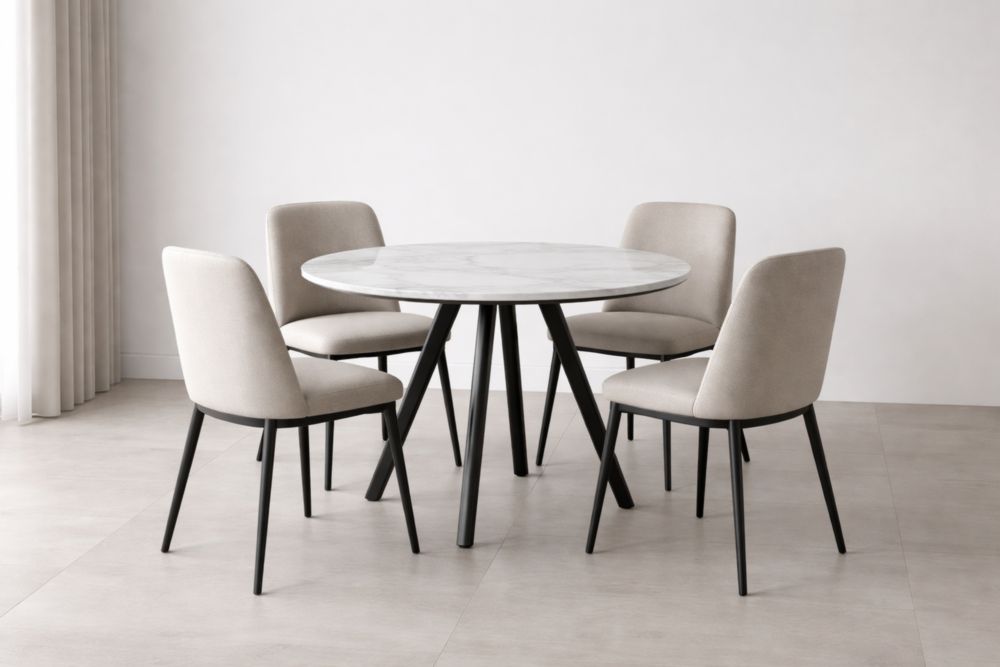 Tavolo Rotondo in Marmo con 4 Sedie Imbottite in Metallo