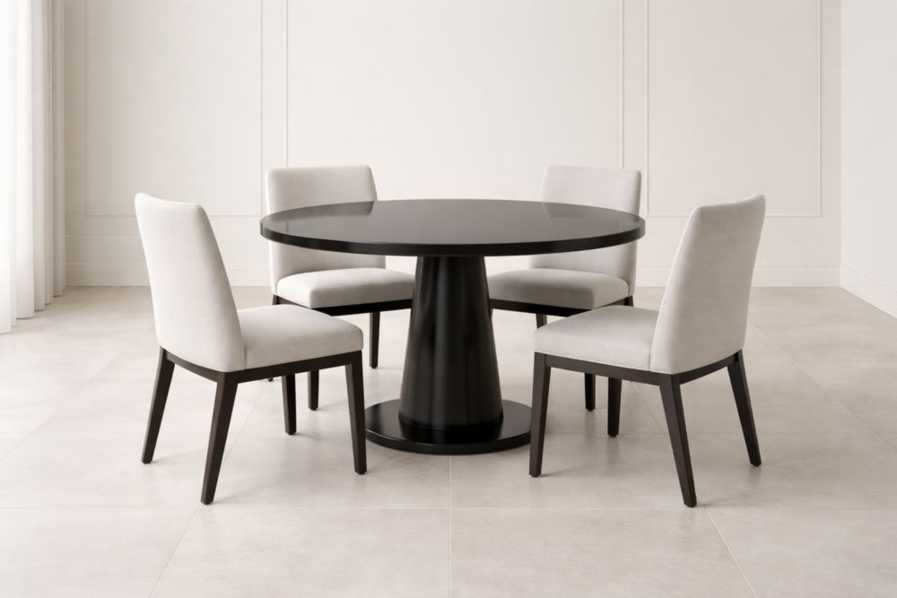 Set tavolo rotondo in legno con 4 sedie imbottite