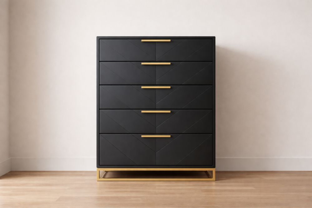 Cassettiera in Legno MDF e Acciaio Nero con Maniglie in Ottone