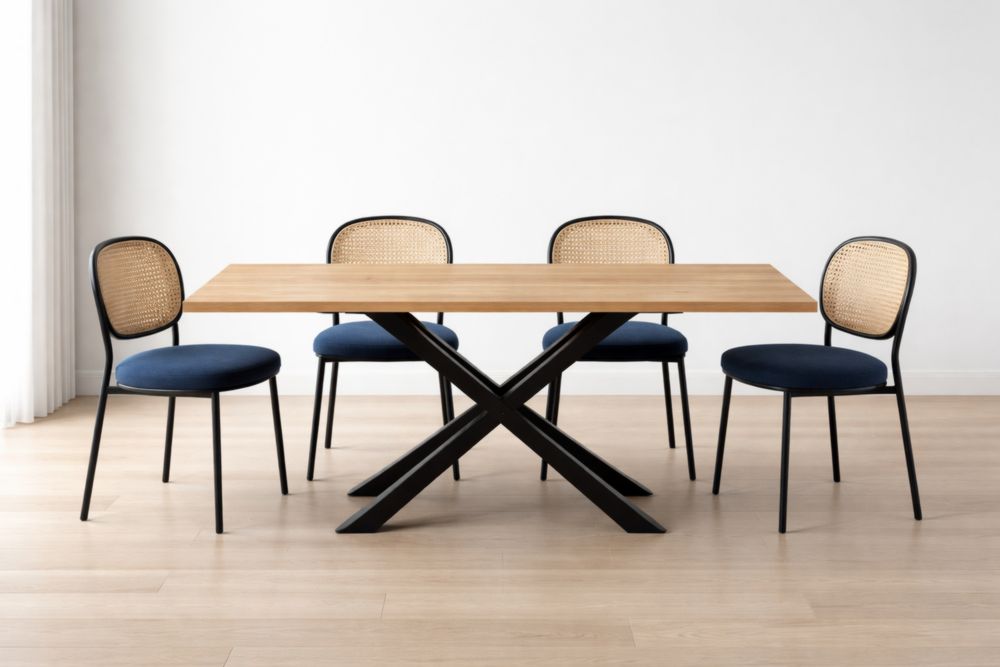 Set tavolo da pranzo in legno e metallo con 4 sedie in tessuto e rattan, marrone e nero